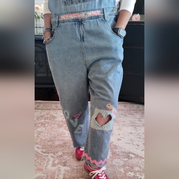 Women's Blue Denim Overalls with Colorful Patches - Picture 3 of 15